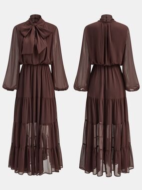 Commense Dress Womens S Brown Chiffon Puff Sleeve Maxi Academia Boho Chic Modest